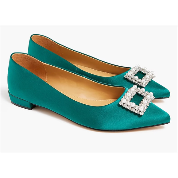 J. Crew Factory Shoes - Crystal Embellished Pointed-Toe Satin Flats | Sz 9, Green | J Crew Factory